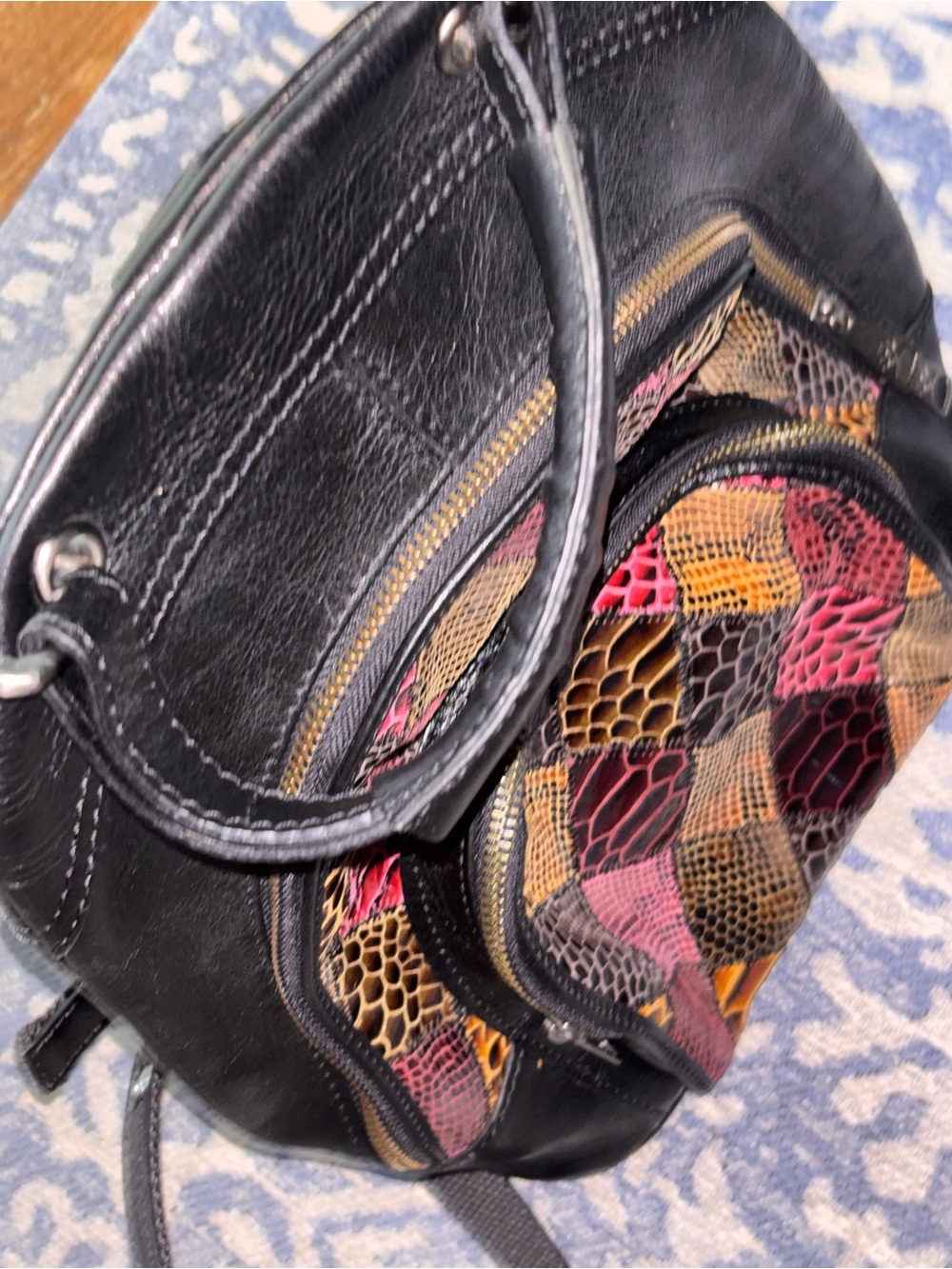 Patricia Nash Black Backpack with Multicolor Snake-Pattern Front Panels - Picture 6 of 16